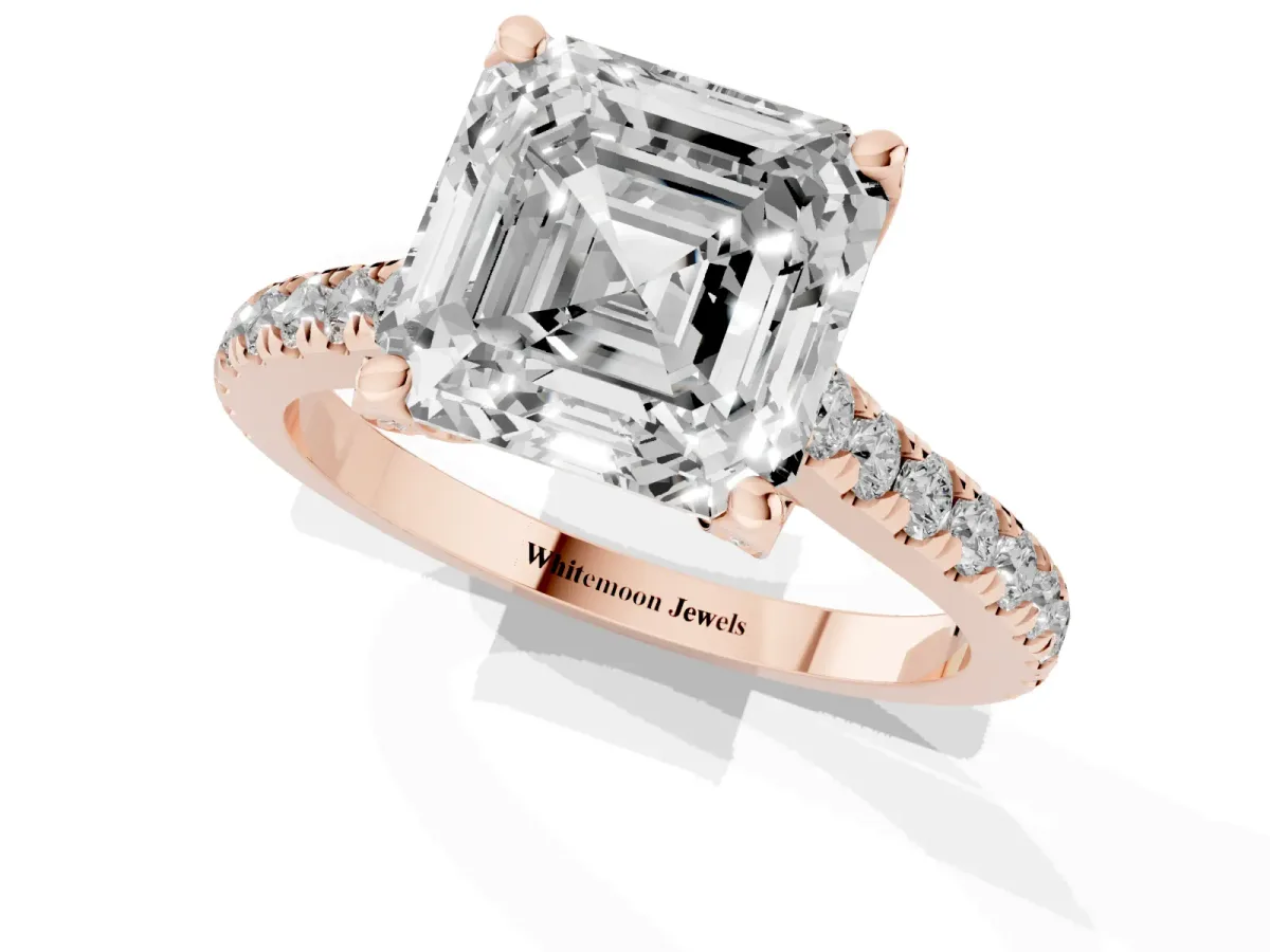 Asscher Cut Brilliant Diamond Solitaire with Pavé Band and Four-Prong Setting Rose gold