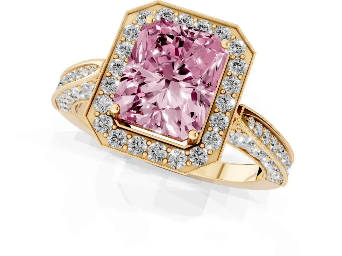 Fancy Pink Radiant Cut Halo Diamond Engagement Ring with Split Shank Band and Four-Prong Setting Yellow gold