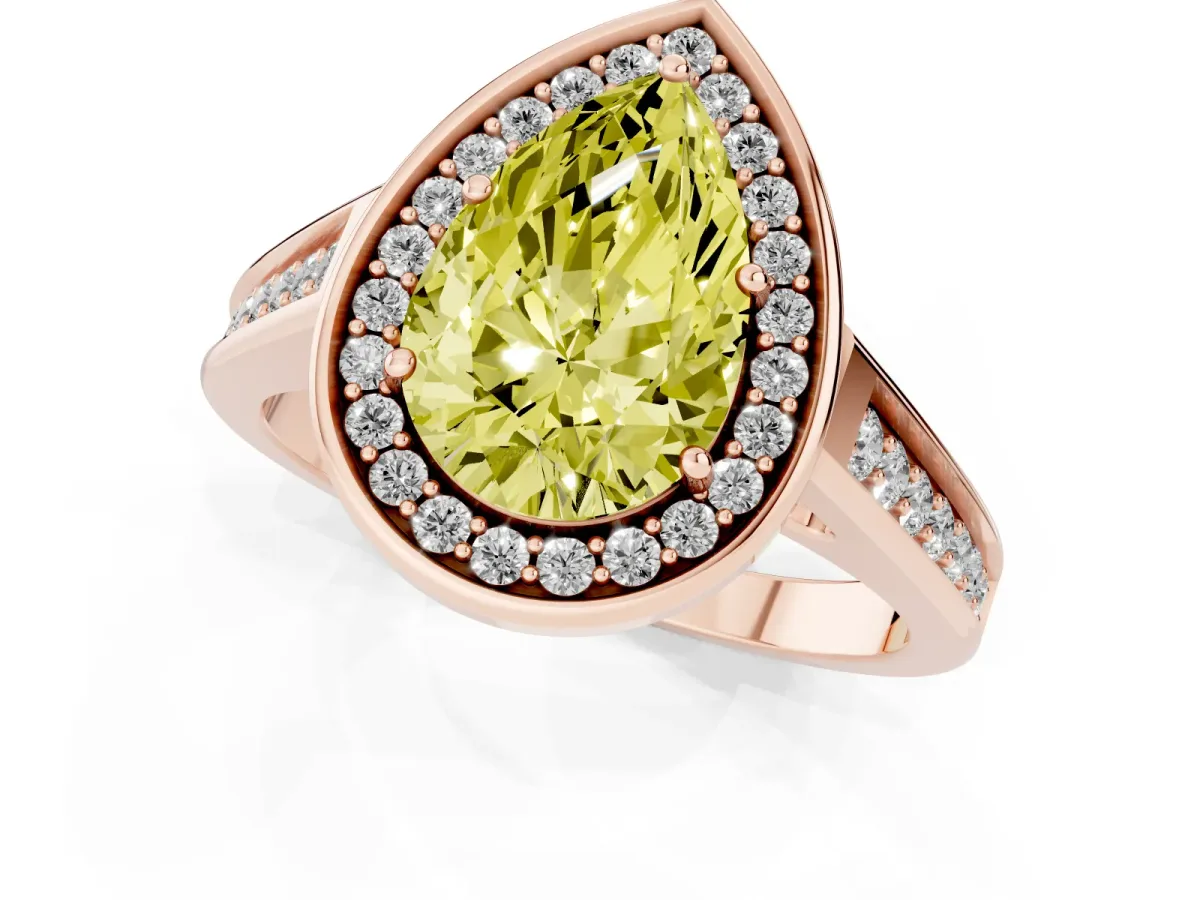 Fancy Yellow Pear Cut Halo Solitaire Diamond Ring with Pave Band and Bezel Setting Rose gold