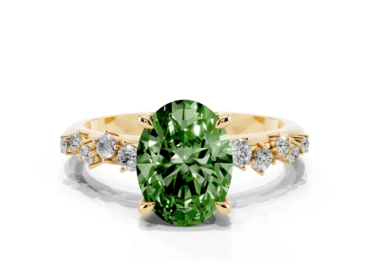 Fancy Green Oval Cut Cut Diamond Vine Band with Four-Prong Setting Yellow gold