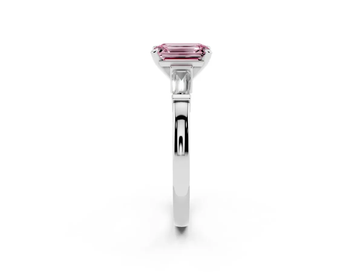 Fancy Pink Emerald Cut Cut Diamond Solitaire Ring with Tapered Baguette Accents and Four-Prong Setting White gold