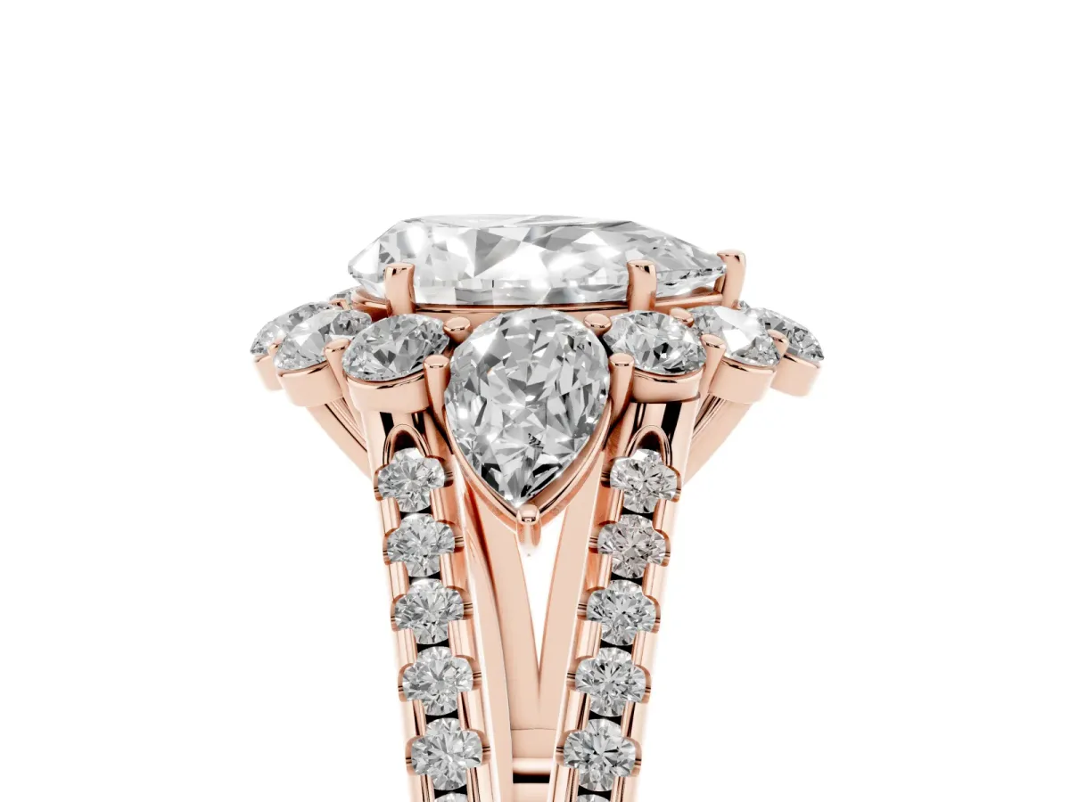Pear Cut Halo Split Shank Diamond Engagement Ring with Prong Setting Rose gold