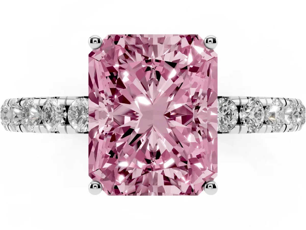 Fancy Pink Radiant Cut Diamond Pavé Solitaire Engagement Ring with Four-Prong Setting Silver