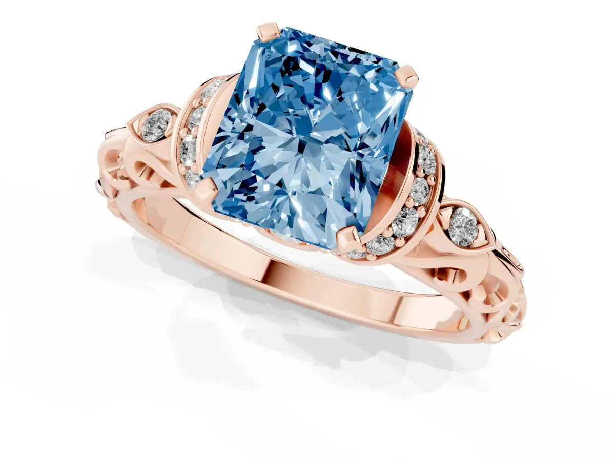 Fancy Blue Radiant Cut Diamond Solitaire Ring with Filigree Band and Four-Prong Setting Rose gold