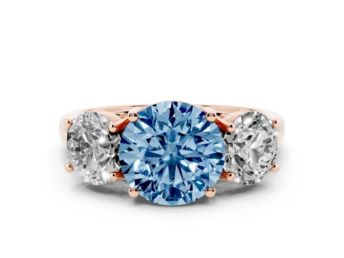 Fancy Blue Three-Stone Round Cut Diamond Engagement Ring with Prong Setting Rose gold