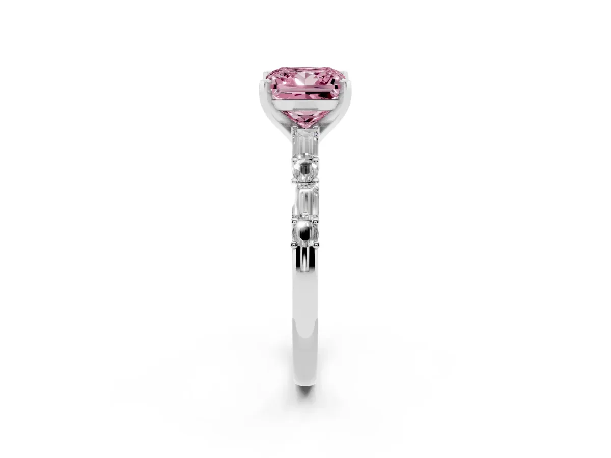 Fancy Pink Princess Cut Diamond Solitaire with Side Baguettes and Channel Set Band Silver