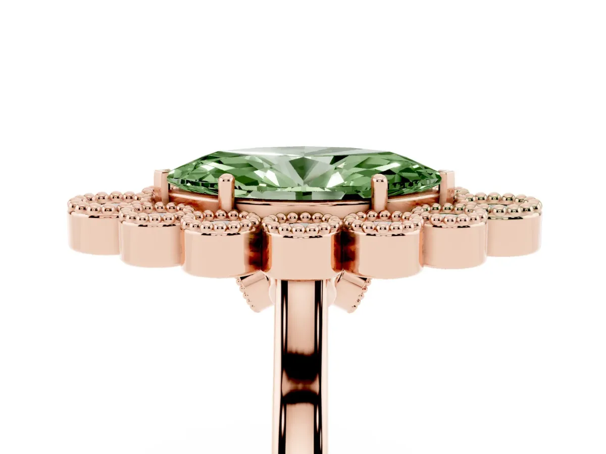 Fancy Green Marquise Cut Halo Diamond Cluster Engagement Ring with Milgrain Bezel Setting and Solitaire Band Rose gold