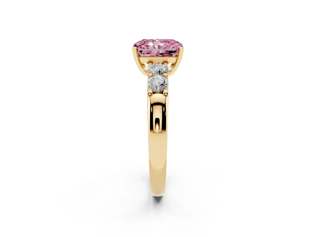 Fancy Pink Radiant Cut Brilliant Cut Diamond Five-Stone Prong Set Engagement Ring with Channel Band Yellow gold