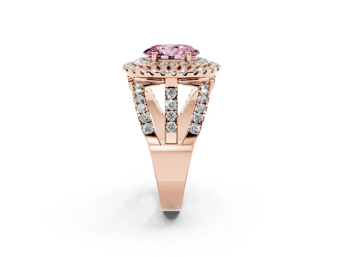 Fancy Pink Oval Cut Diamond Double Halo Ring with Round Pavé Split Shank and Prong Setting Rose gold