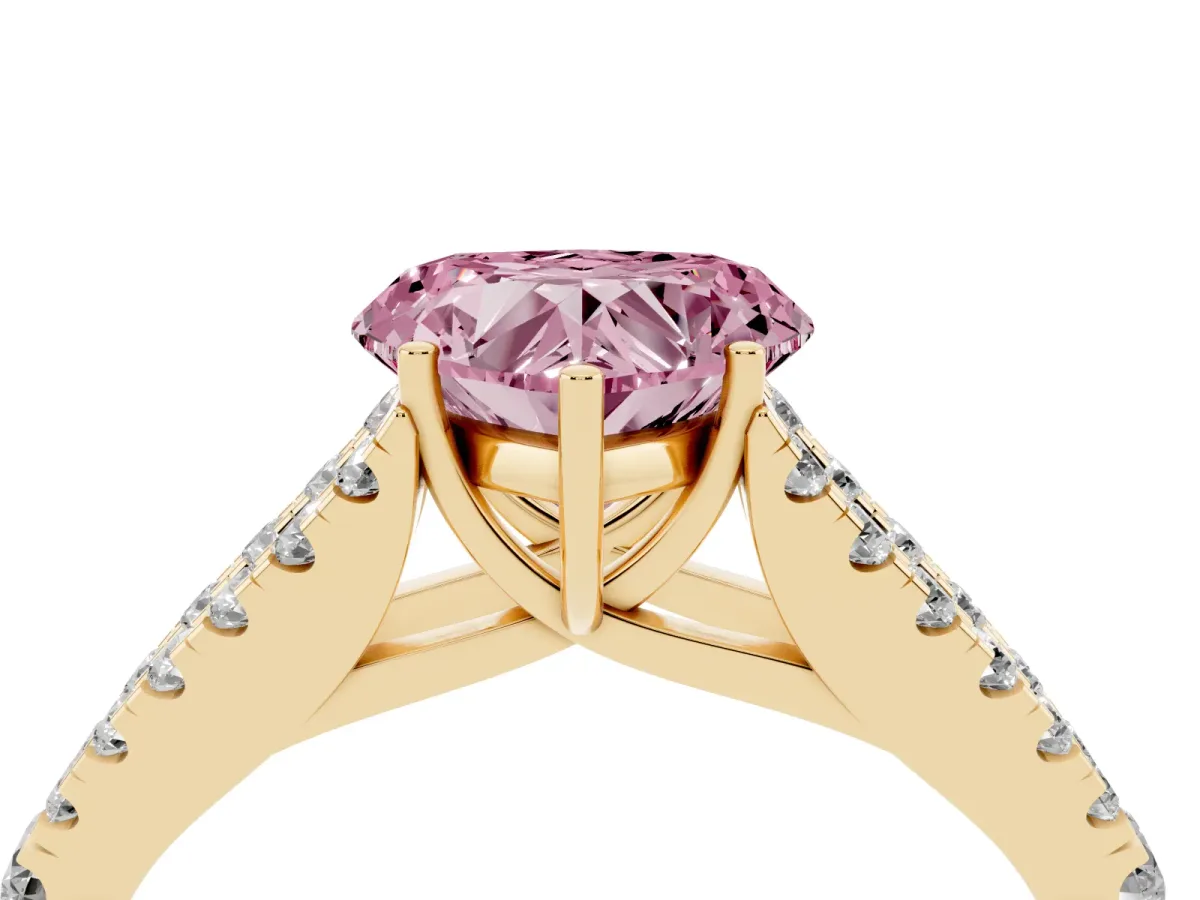Fancy Pink Heart Cut Diamond Split Shank Pavé Engagement Ring with Four-Prong Setting Yellow gold