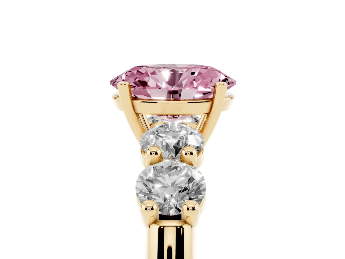 Fancy Pink Oval Cut Cut Five-Stone Prong Set Diamond Ring with Classic Band Yellow gold