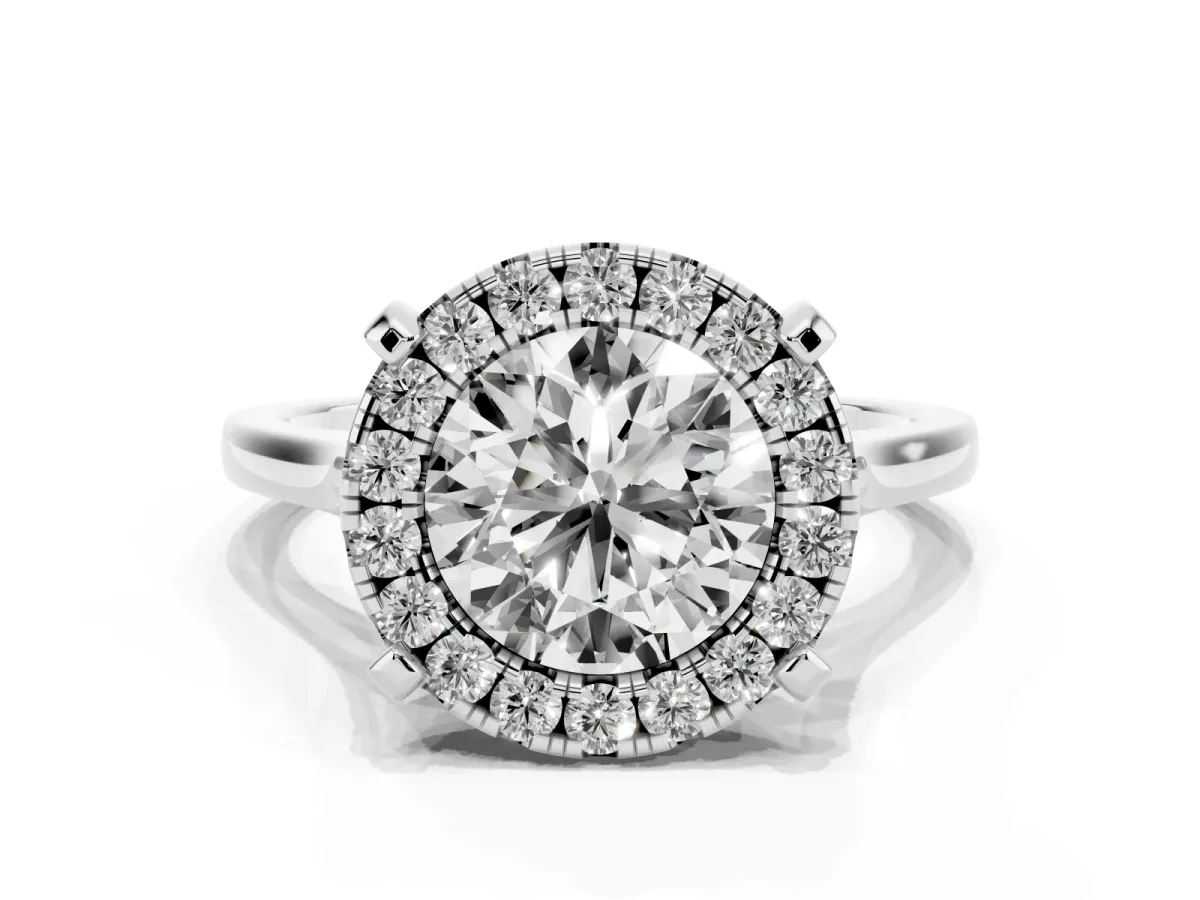 Round Cut Diamond Cluster Halo Solitaire with Four-Prong Setting Silver