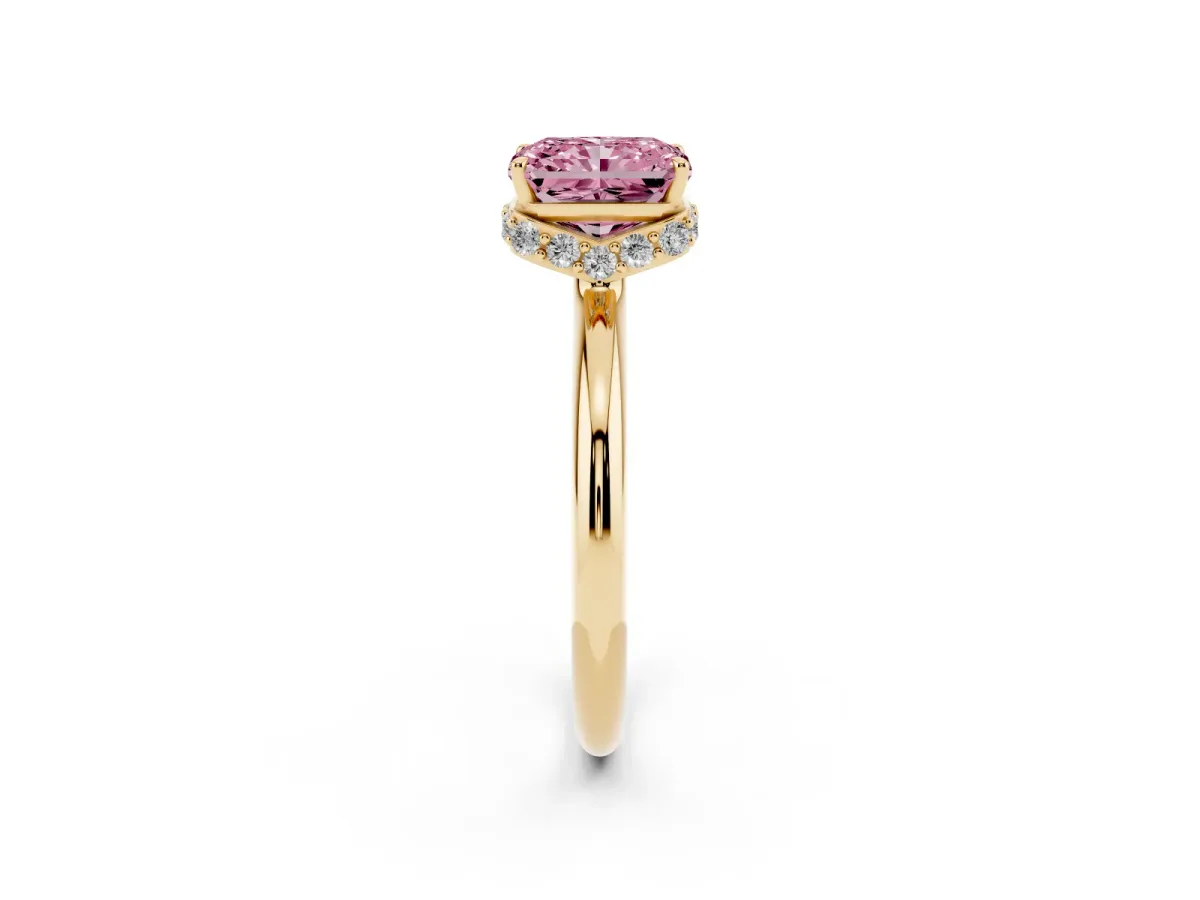 Fancy Pink Radiant Cut Brilliant Solitaire Engagement Ring with Six-Prong Setting and Classic Band Yellow gold