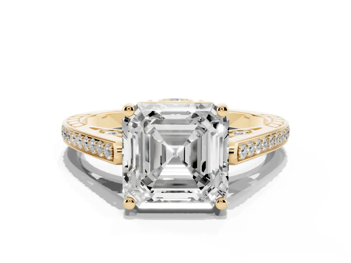 Asscher Cut Cut Cathedral Pave Diamond Engagement Ring with Six-Prong Setting Yellow gold