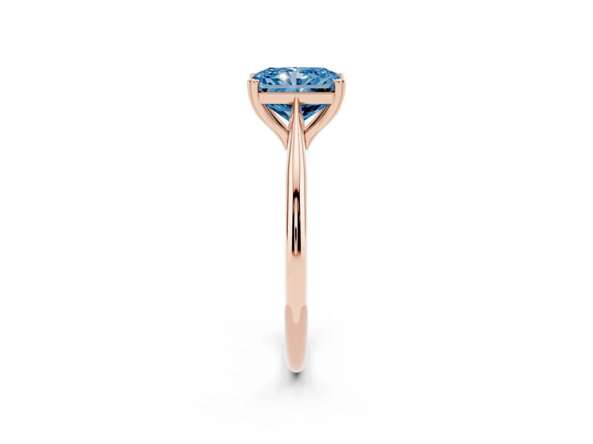 Fancy Blue Radiant Cut Solitaire Diamond Ring with Six-Prong Setting and Classic Band Rose gold