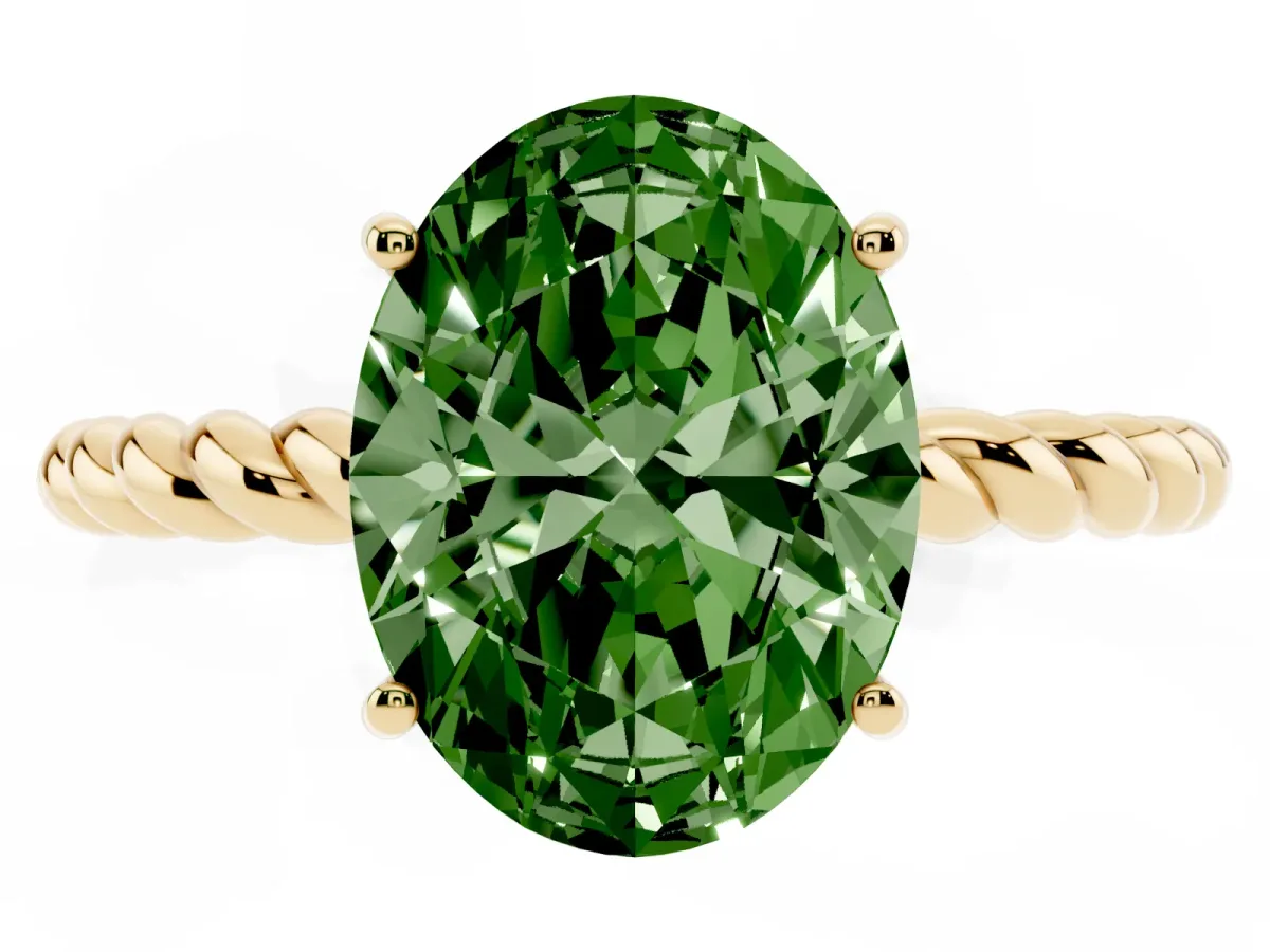 Fancy Green Oval Cut Solitaire Twist Band Ring with Four-Prong Setting Yellow gold