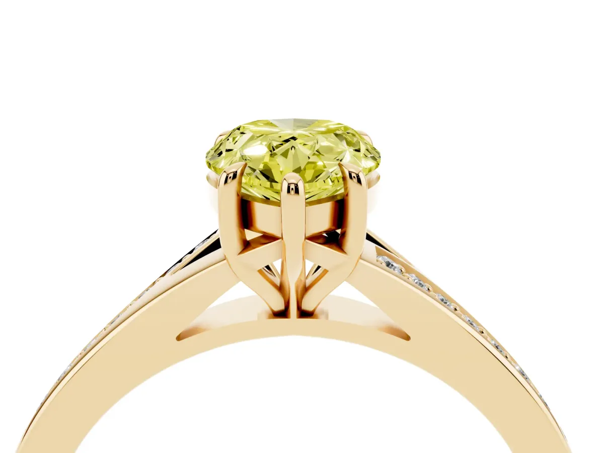 Fancy Yellow Pear Cut Diamond Solitaire Ring with Pavé Band and Prong Setting Yellow gold