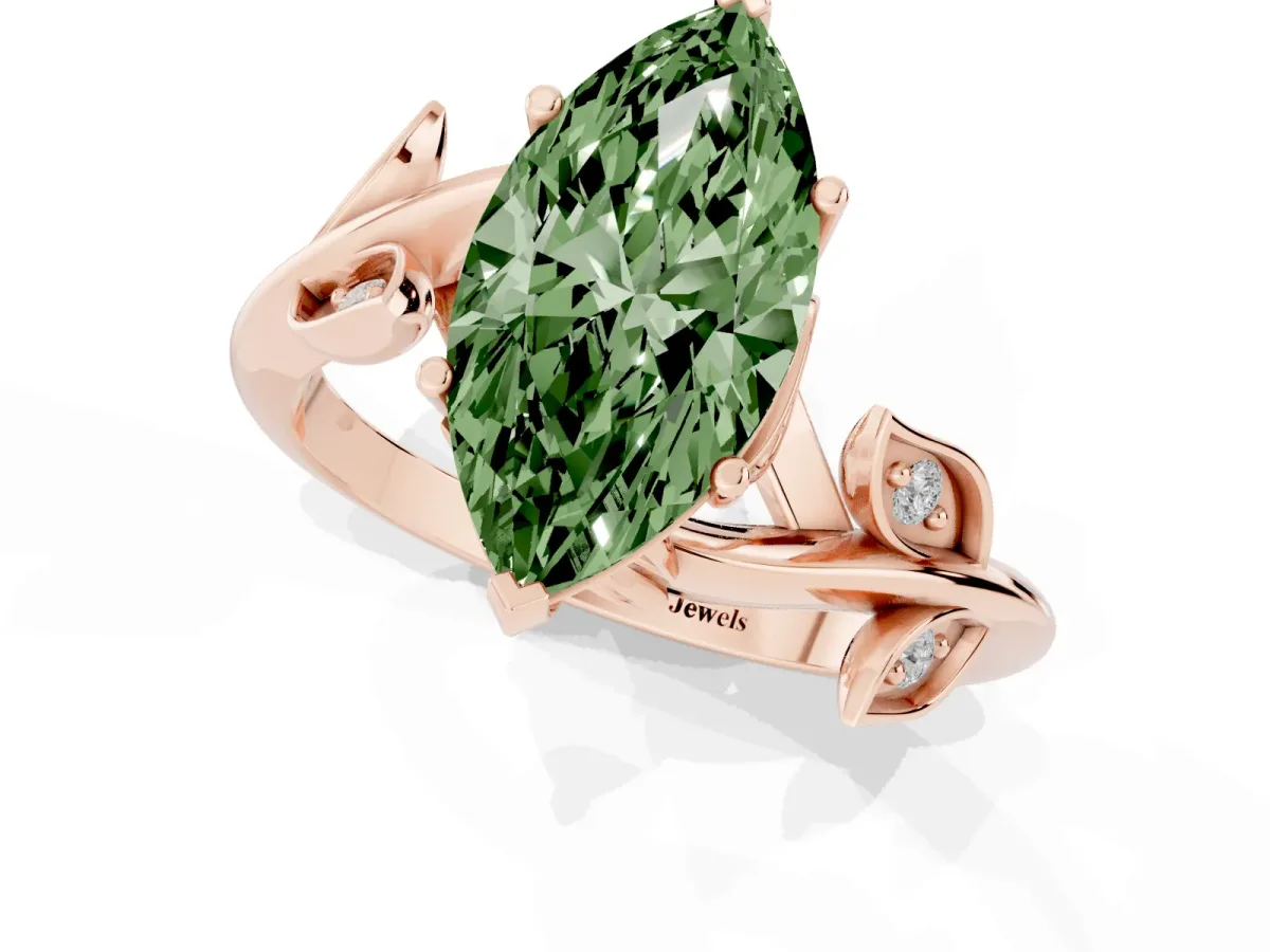 Fancy Green Marquise Cut Solitaire Twist Engagement Ring with Leaf Accents and Prong Setting Rose gold
