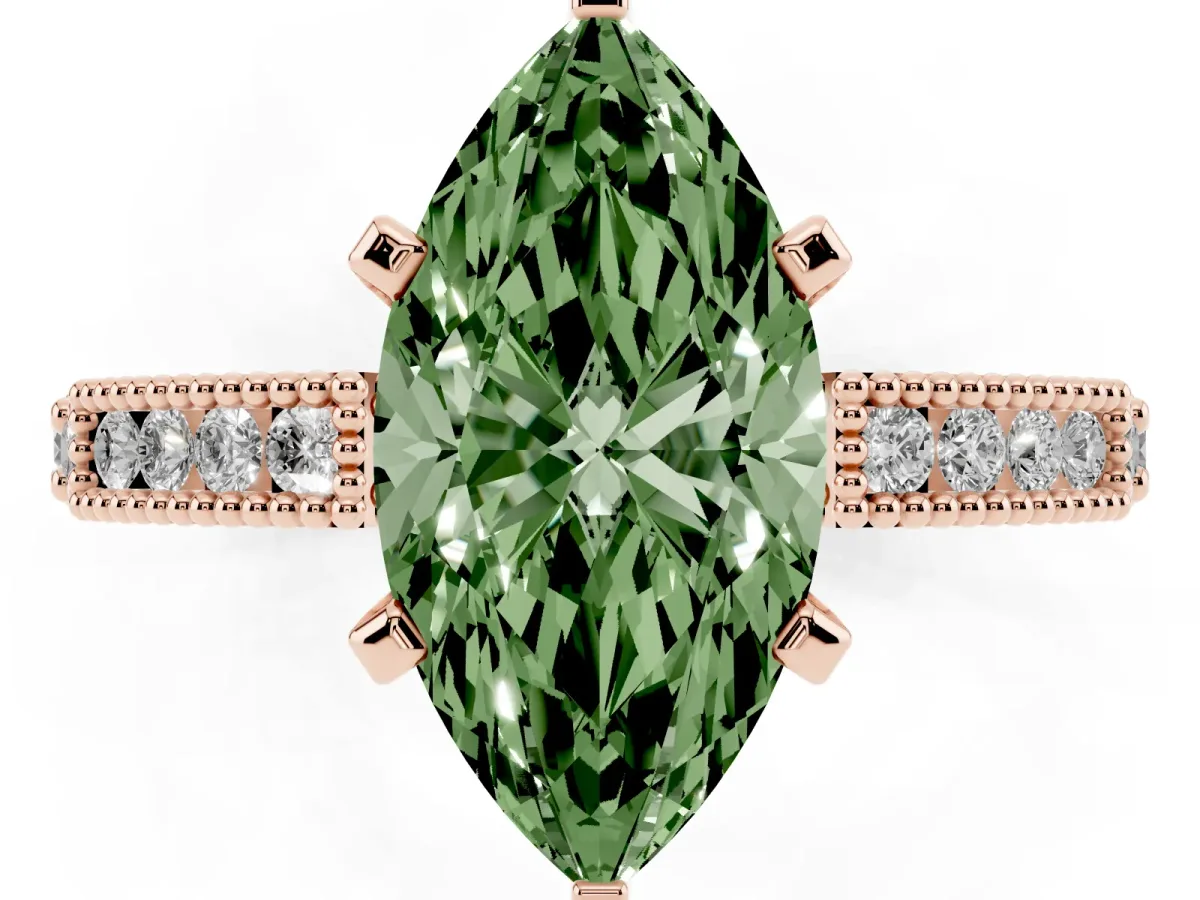 Fancy Green Marquise Cut Solitaire with Pavé Band and Four-Prong Setting Rose gold