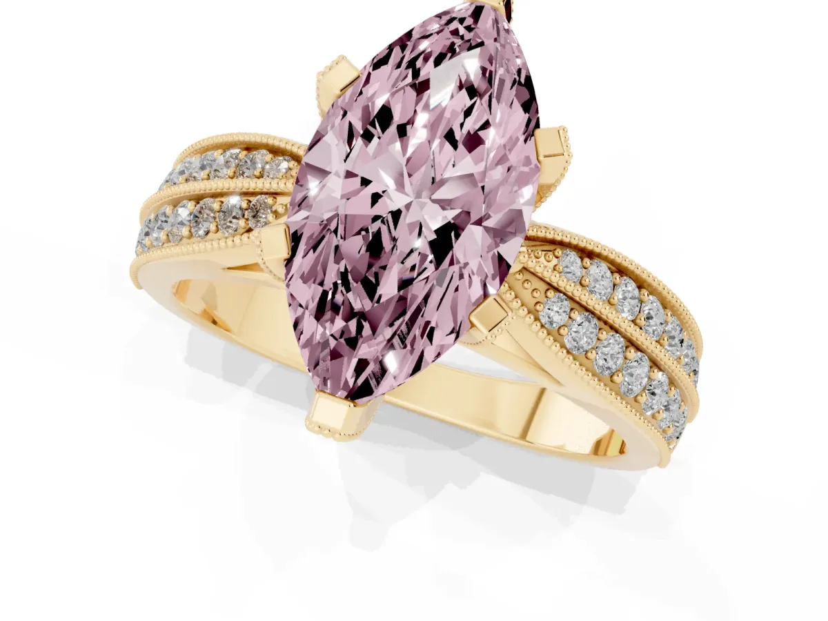 Fancy Pink Marquise Cut Diamond Solitaire Ring with Milgrain Round Pavé Band and Prong Setting Yellow gold