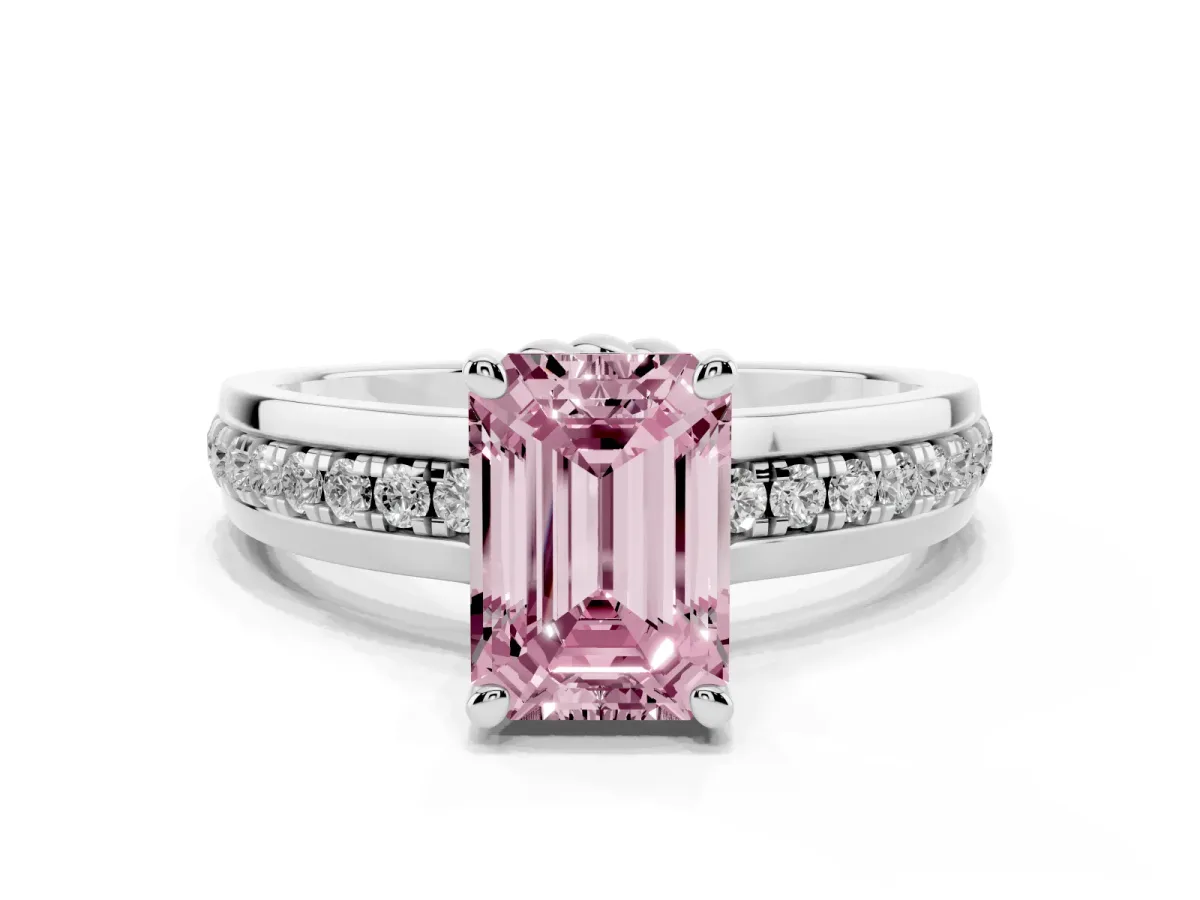 Fancy Pink Emerald Cut Solitaire Diamond Ring with Channel Set Band and Six-Prong Setting Silver