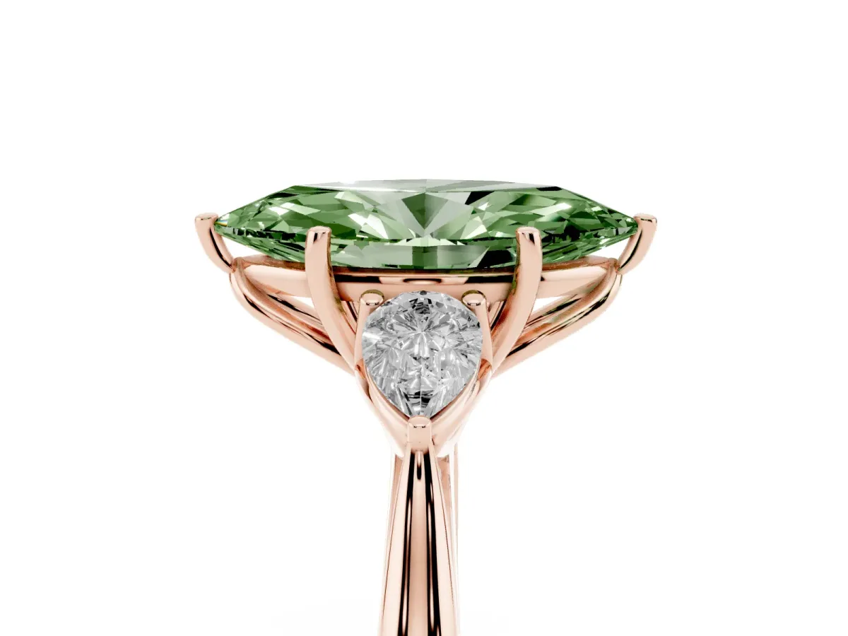 Fancy Green Three-Stone Marquise Cut Brilliant Diamond Solitaire Ring with Tapered Band and Four-Prong Setting Rose gold