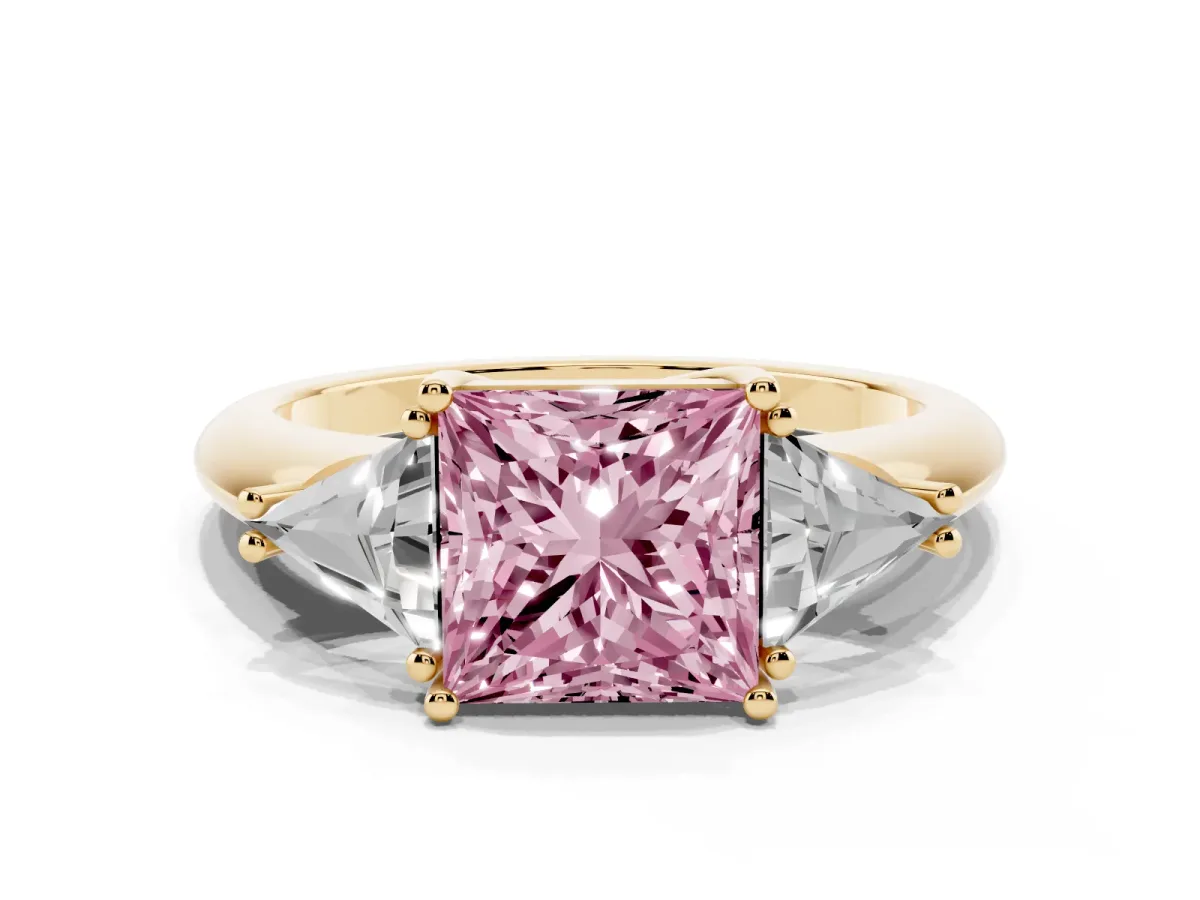 Fancy Pink Three-Stone Princess Cut Diamond Engagement Ring with Trillion Side Stones and Prong Setting Yellow gold