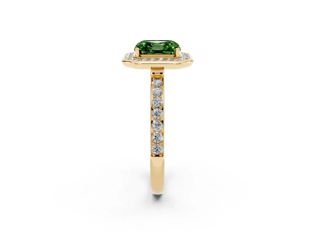 Fancy Green Asscher Cut Diamond Halo Ring with Bezel Frame and Pavé Band Yellow gold