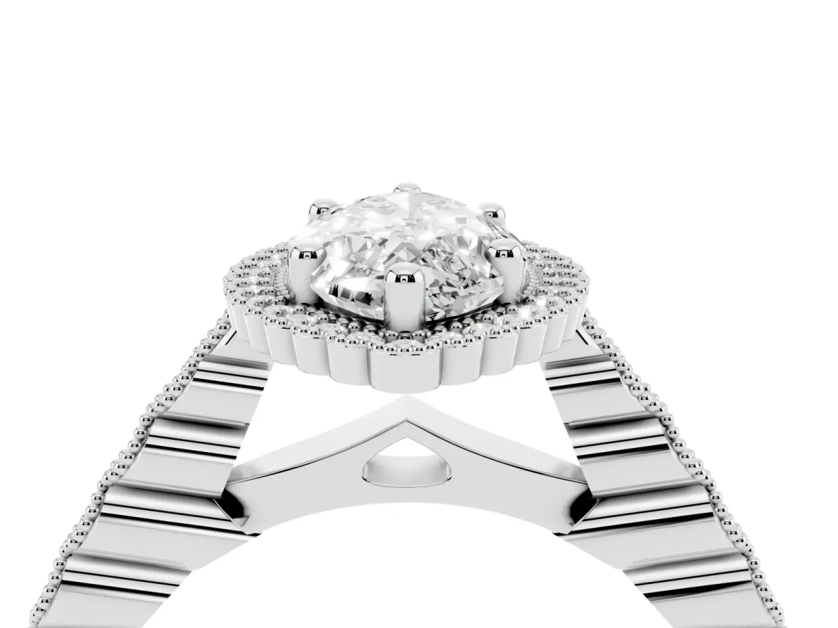 Marquise Cut Cut Halo Pavé Solitaire Ring with Milgrain Band White gold