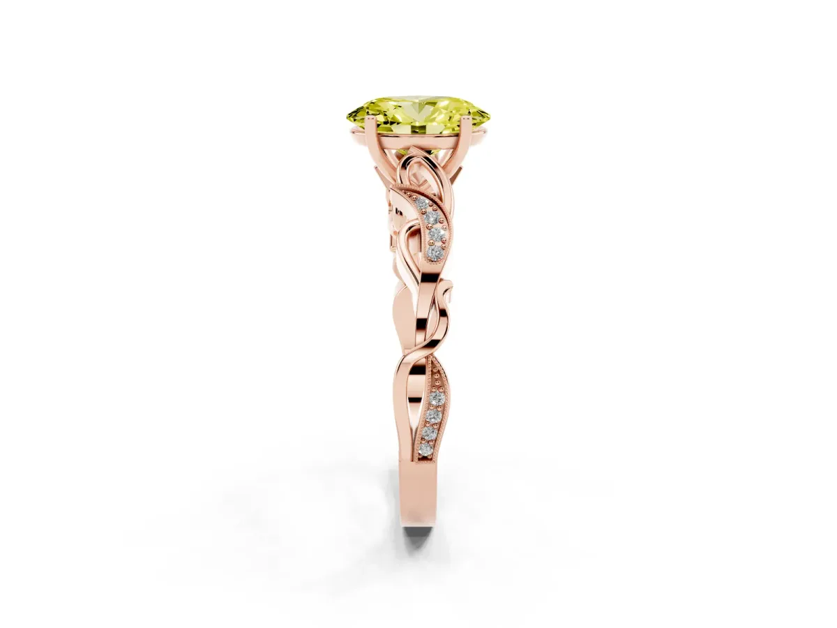 Fancy Yellow Oval Cut Solitaire Vine Band with Milgrain Prong Setting Rose gold
