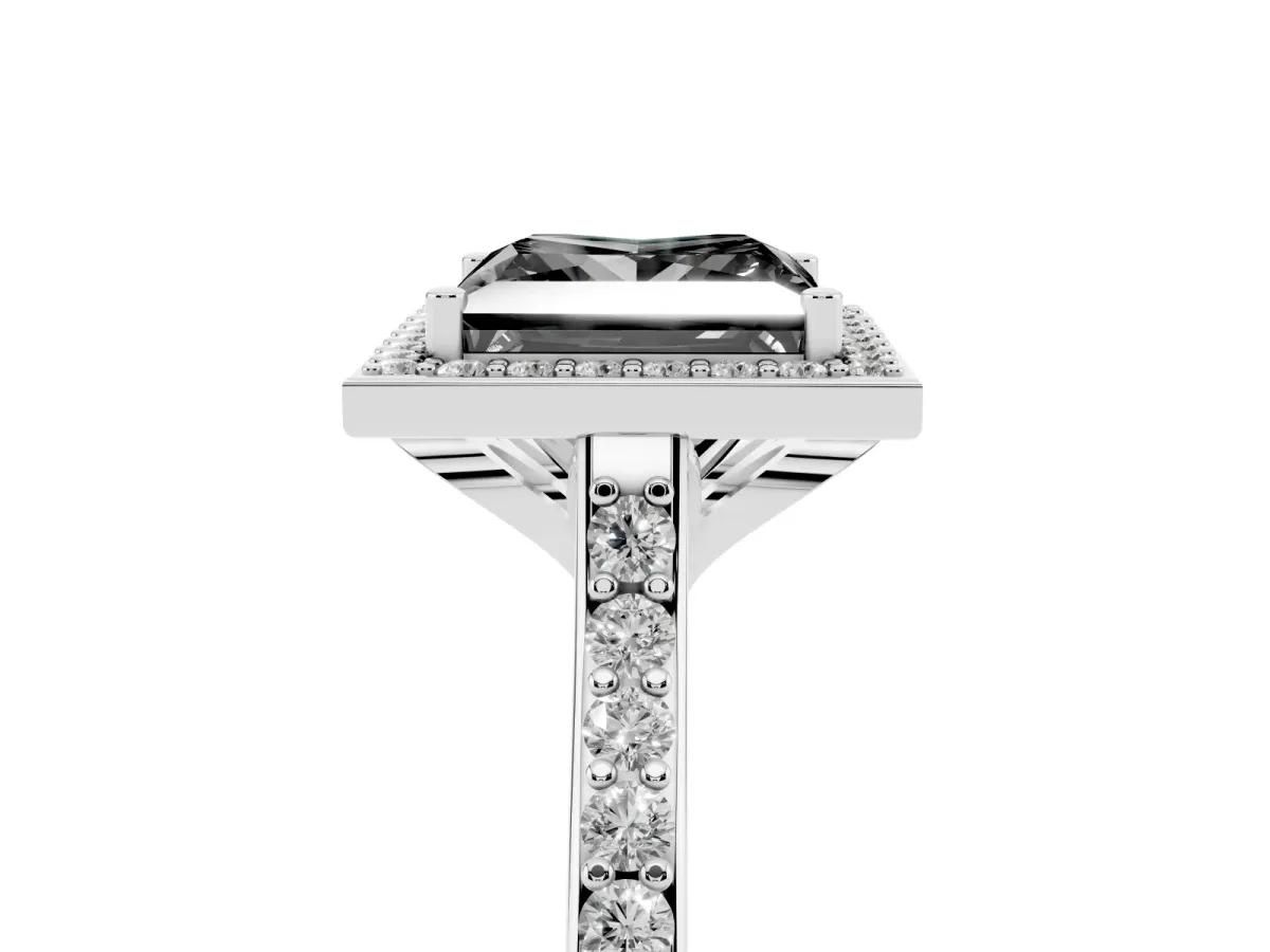 Fancy Black Princess Cut Diamond Halo Engagement Ring with Round Pavé Shoulders and Prong Setting White gold