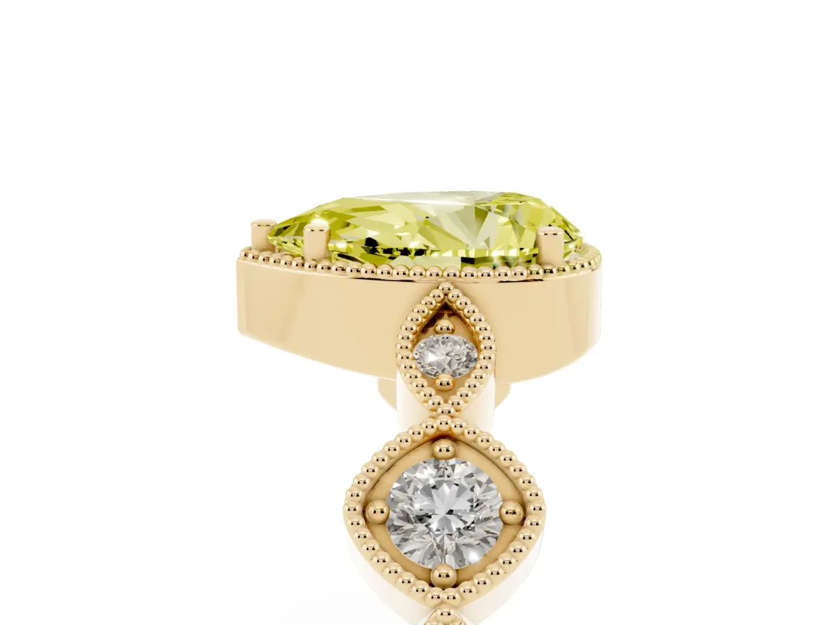 Fancy Yellow Pear Cut Diamond Vintage Milgrain Ring with Round Stations Yellow gold