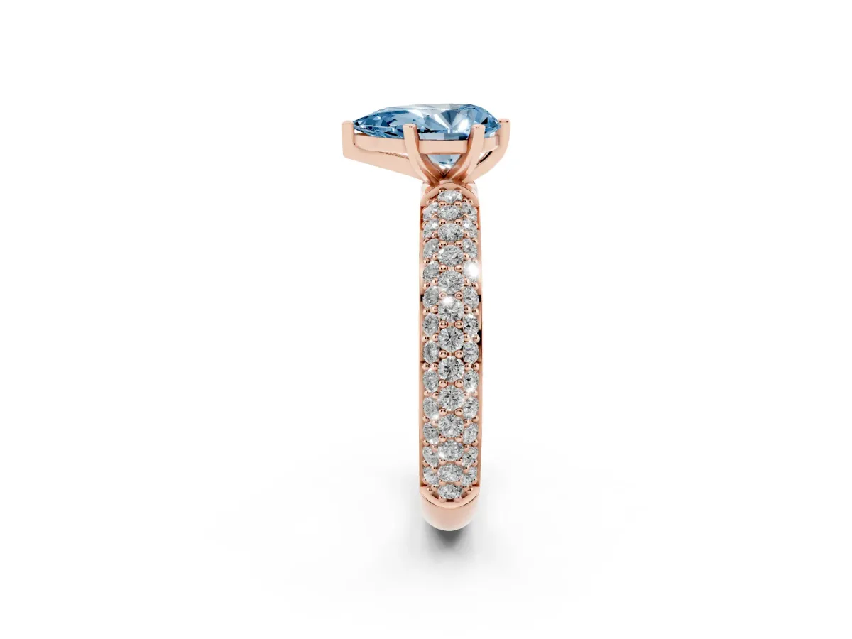 Fancy Blue Pear Cut Diamond Solitaire Ring with Prong Setting and Pavé Band Rose gold