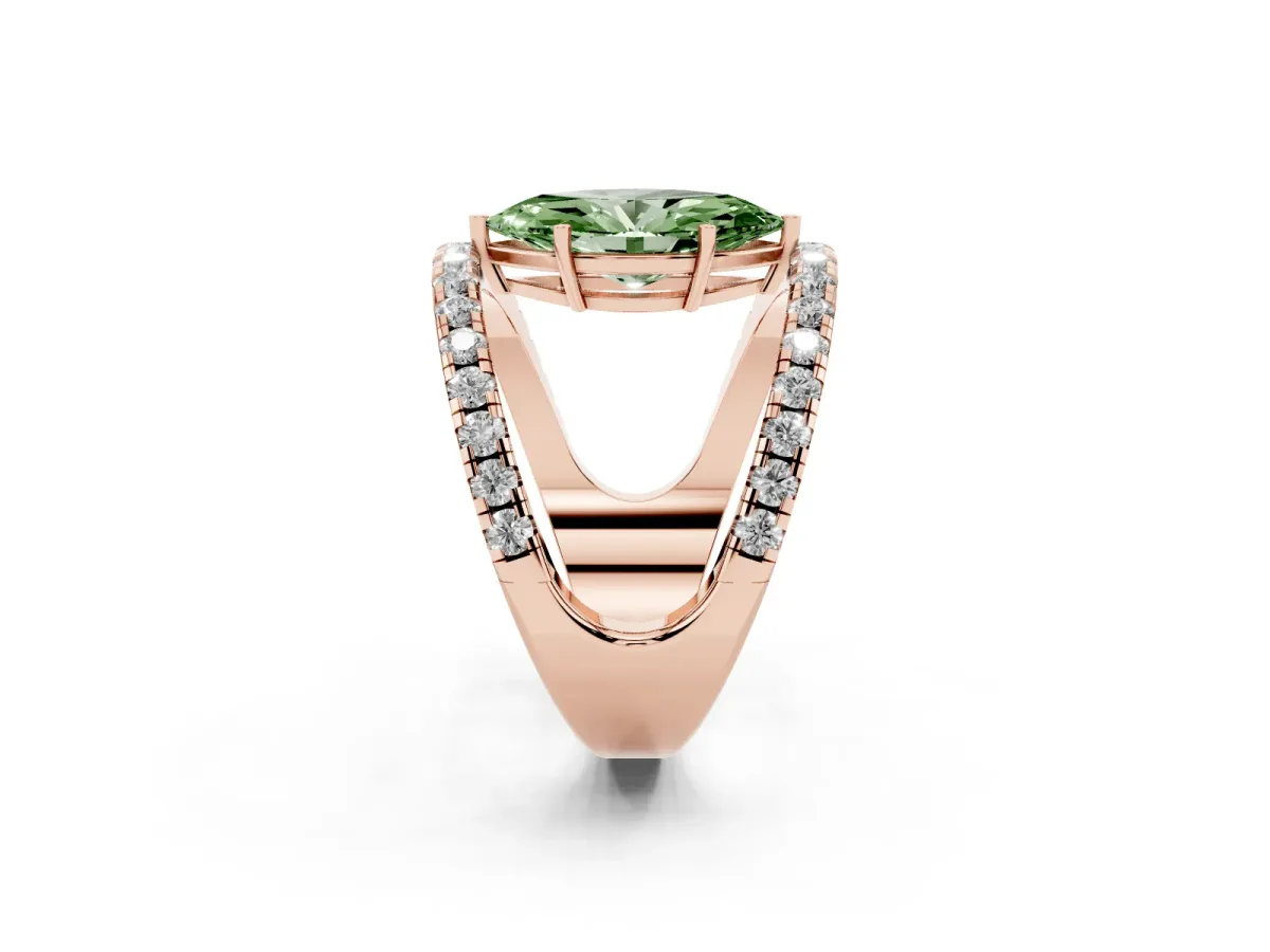 Fancy Green Marquise Cut Solitaire Split Shank Pave Diamond Ring Rose gold