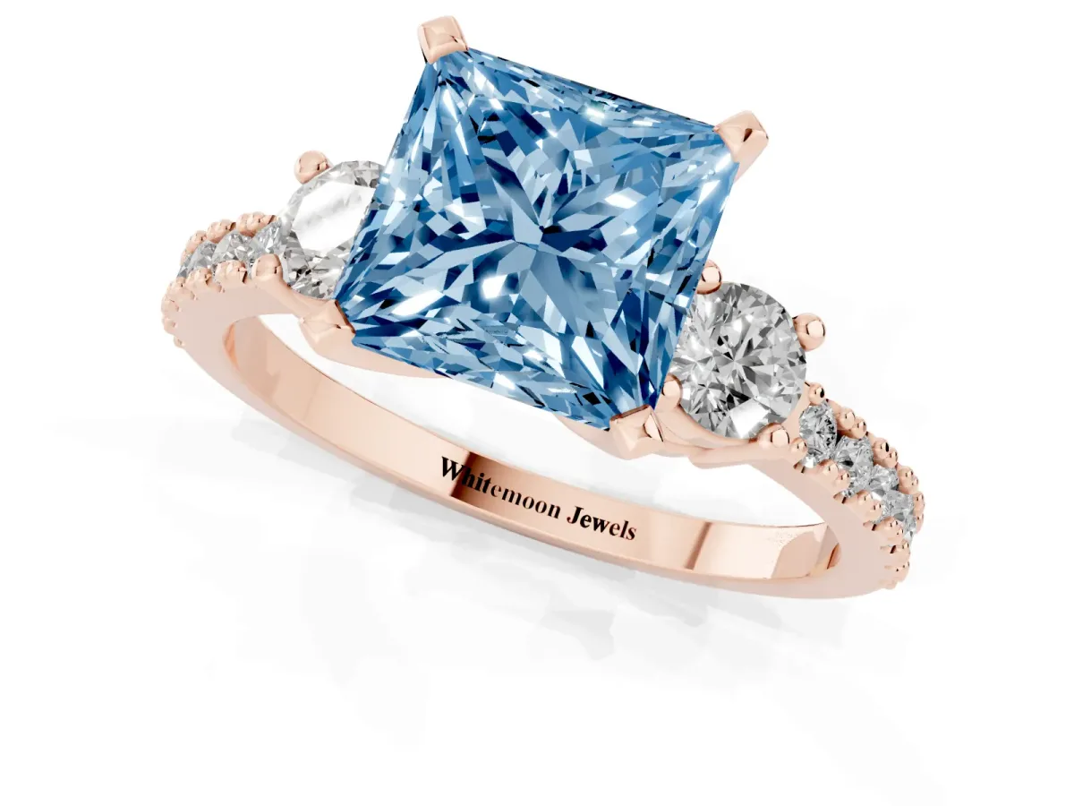 Fancy Blue Princess Cut Three-Stone Diamond Pavé Band with Prong Setting Rose gold