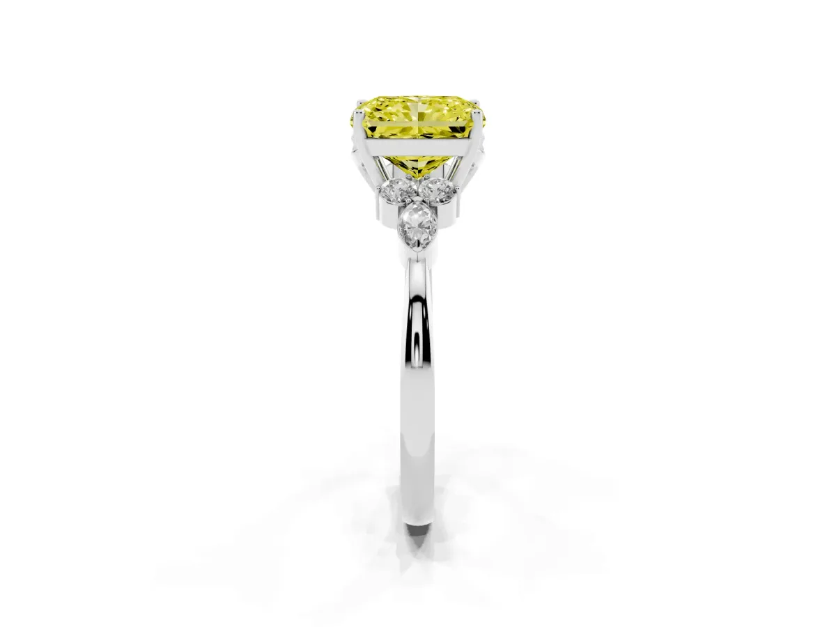 Fancy Yellow Radiant Cut Brilliant Diamond Solitaire Ring with Pear Side Stones and Four-Prong Setting Platinum