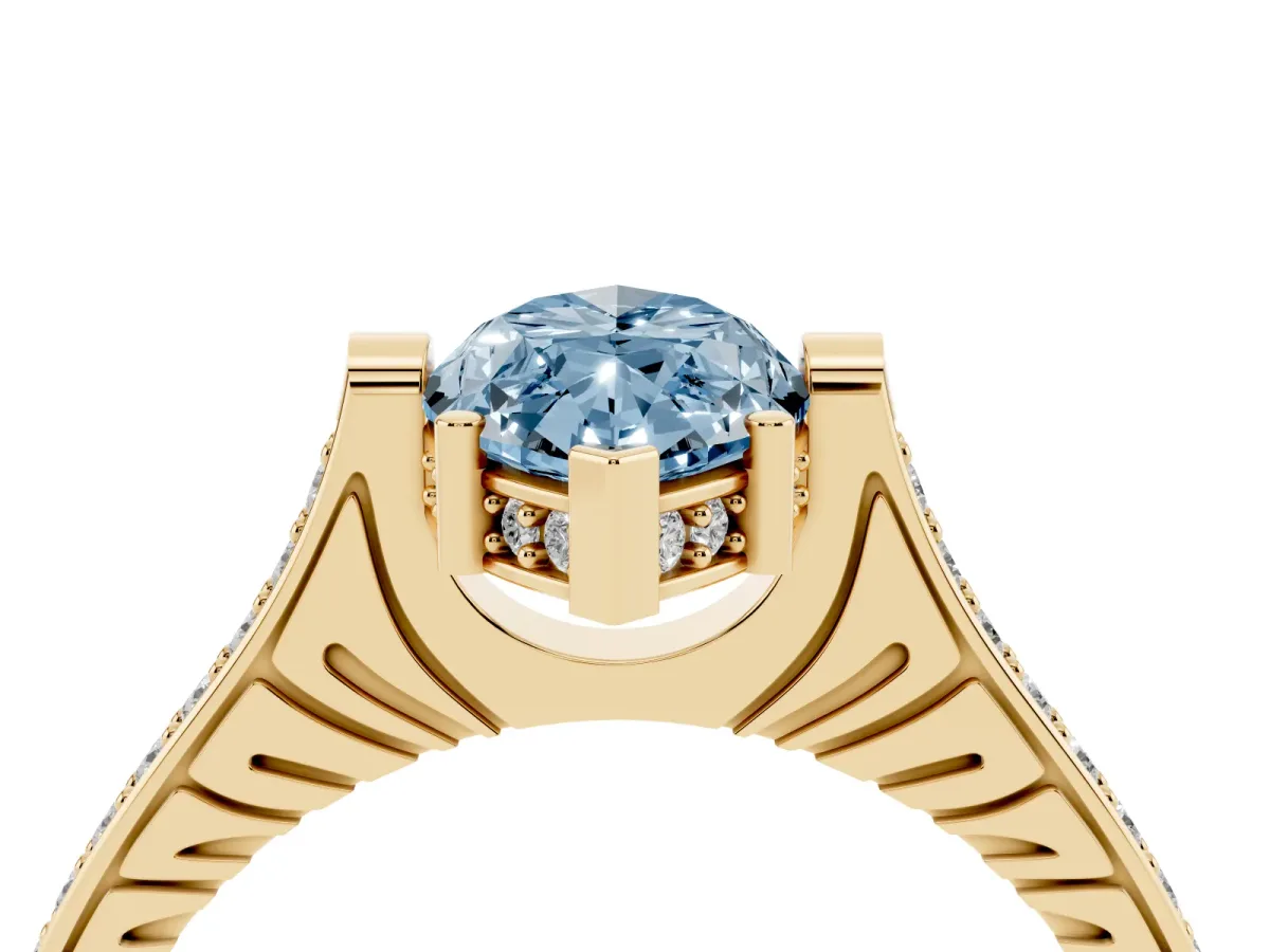 Fancy Blue Marquise Cut Solitaire Diamond Ring with Channel Set Band and Bezel Prong Setting Yellow gold