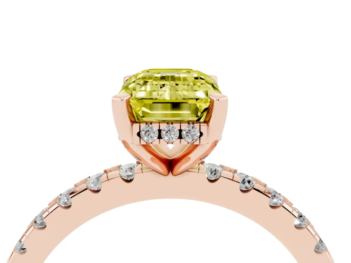 Fancy Yellow Emerald Cut Diamond Solitaire Ring with Round Pavé Band and Four-Prong Setting Rose gold
