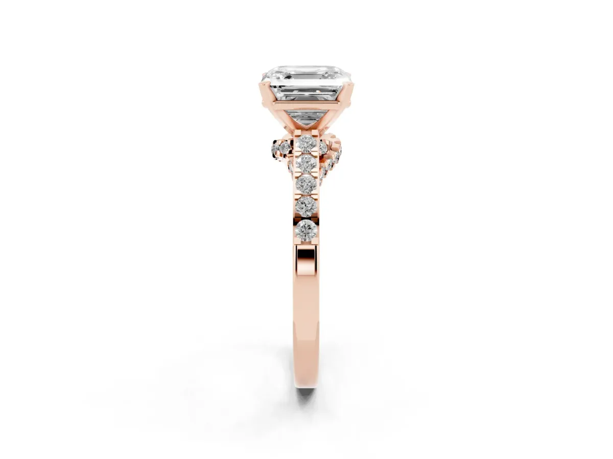 Asscher Cut Diamond Solitaire Ring with Crossover Gallery and Round Pavé Band Rose gold