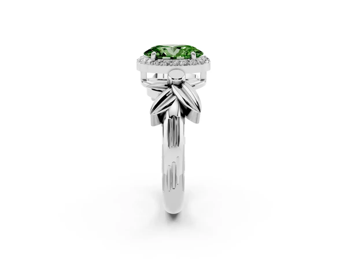 Fancy Green Oval Cut Halo Diamond Floral Band with Four-Prong Setting White gold