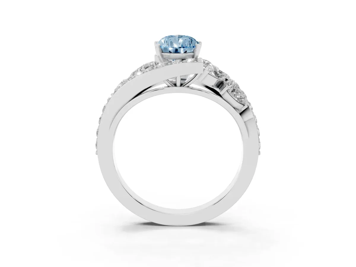 Fancy Blue Pear Cut Diamond Halo Ring with Marquise and Pavé Band in Prong Setting White gold