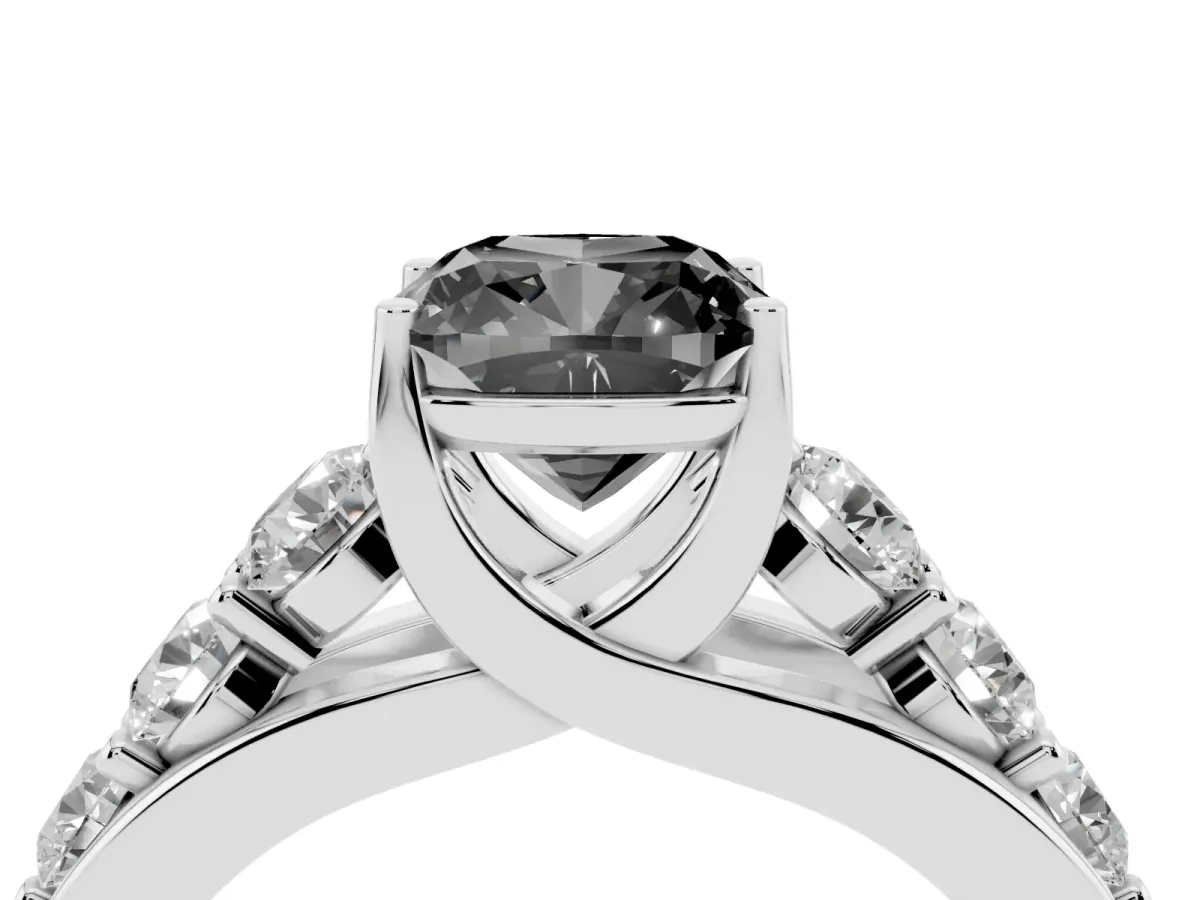 Fancy Black Cushion Cut Diamond Engagement Ring with Pavé Band and Four-Prong Setting Platinum