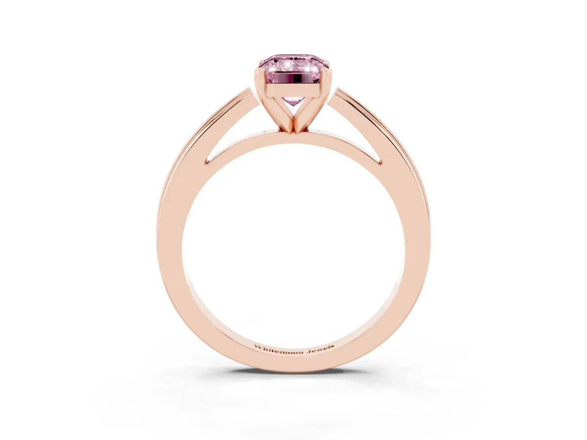 Fancy Pink Emerald Cut Solitaire Diamond Ring with Four-Prong Setting and Classic Band Rose gold