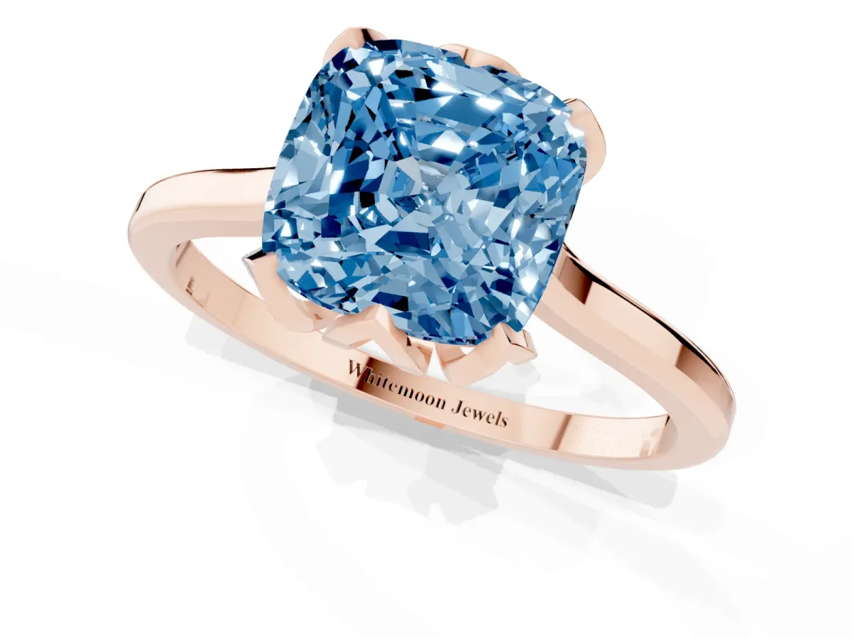 Fancy Blue Cushion Cut Diamond Solitaire Ring with Flower Prong Setting and Classic Band Rose gold