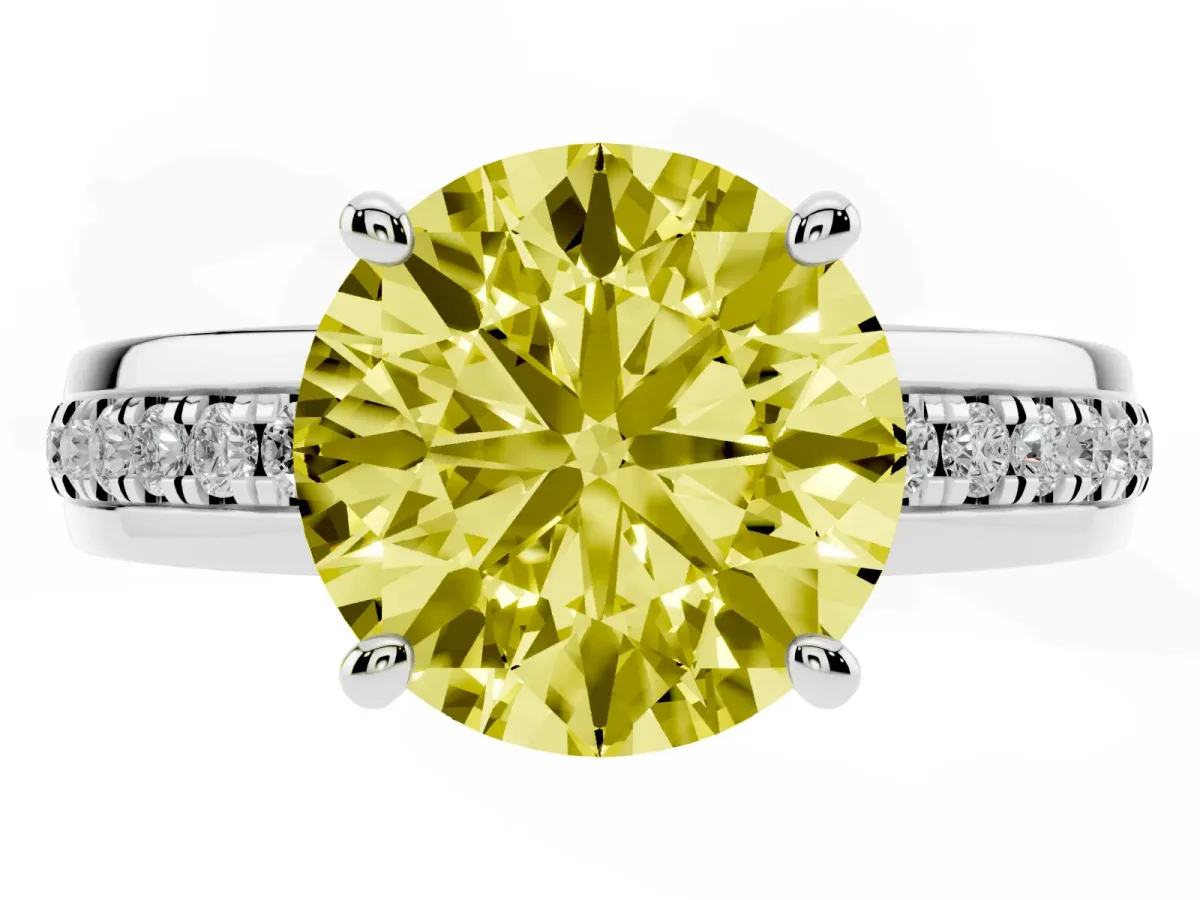 Fancy Yellow Round Cut Solitaire Diamond Ring with Channel Set Band and Six-Prong Setting Silver