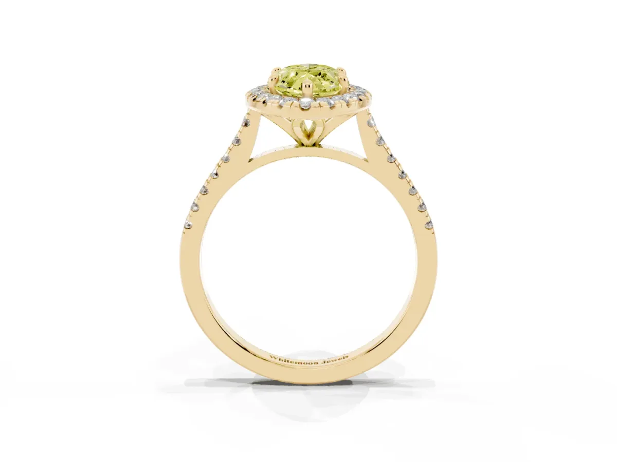Fancy Yellow Marquise Cut Diamond Cushion Halo Ring with Pavé Band Yellow gold