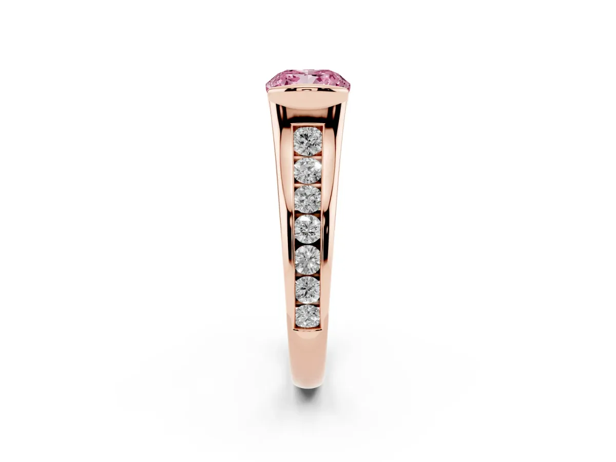Fancy Pink Cushion Cut Solitaire Bezel-Set Diamond Ring with Channel-Set Band Rose gold