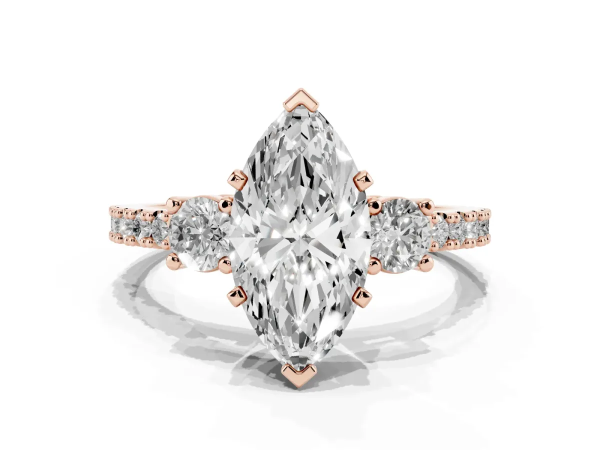 Marquise Cut Three-Stone Diamond Pavé Band with Prong Setting Rose gold