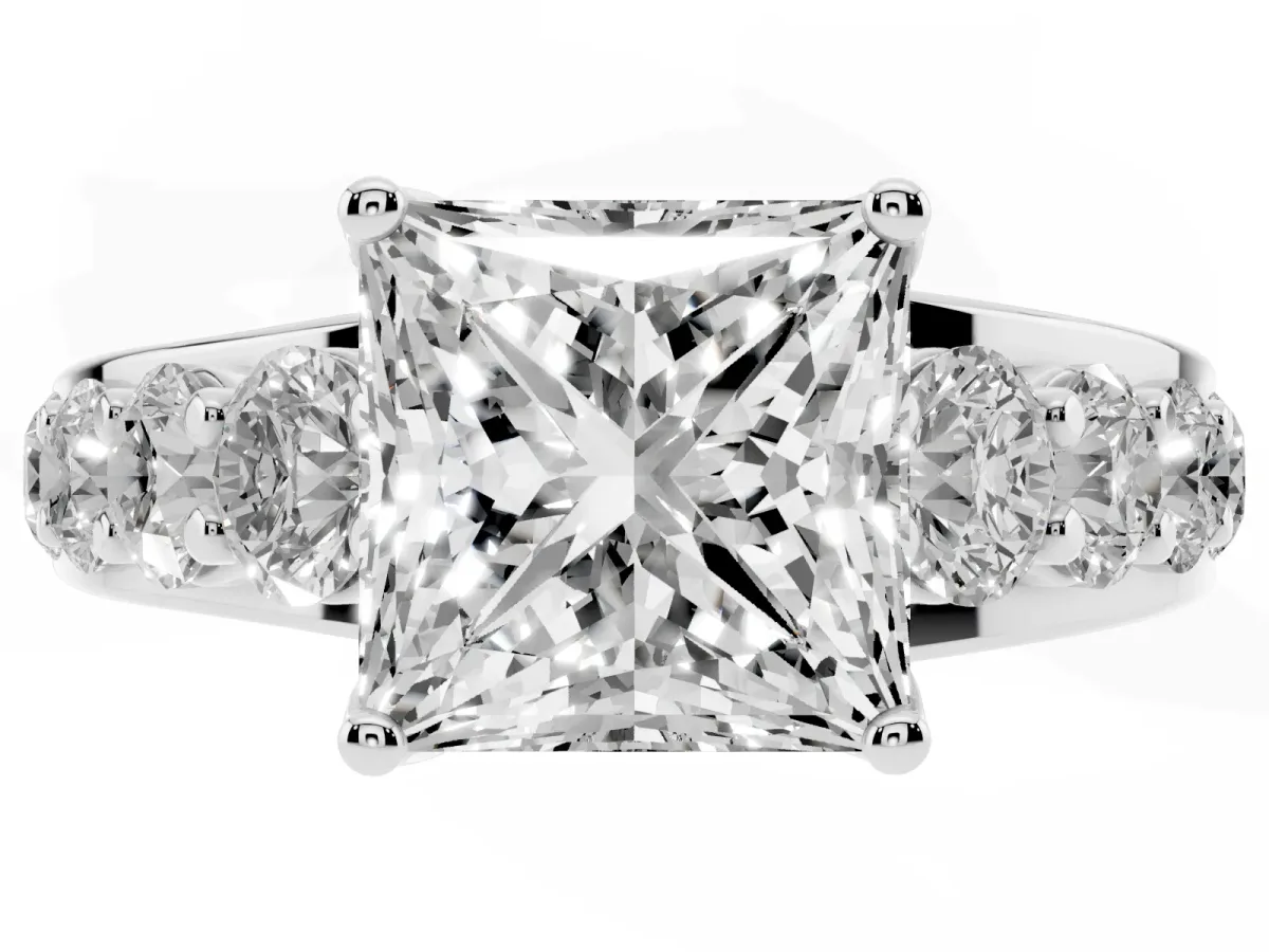 Princess Cut Diamond Engagement Ring with Pavé Band and Four-Prong Setting Platinum