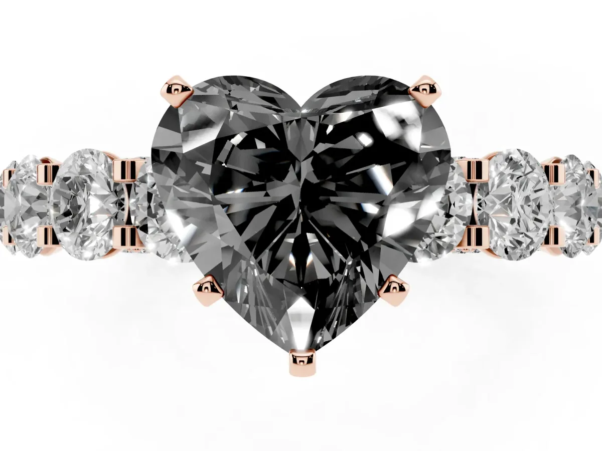 Fancy Black Heart Cut Diamond Side Stone Engagement Ring with Four-Prong Setting Rose gold